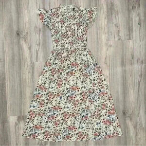 Sason White Floral Cap Short Sleeve Ruffle A-Line Flowy Boho Midi Dress Size S